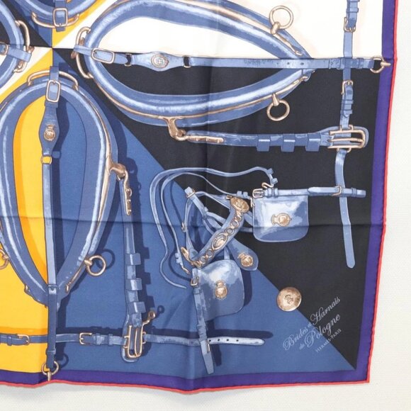 HERMES Carre 70 Scarf ""Brides et Harnais de Pologne"" Silk Blue - Picture 6 of 10